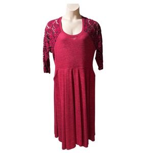 Torrid Super Soft Dress Women 2 or 18/20 Burgundy Lace Sleeve Pockets Fit Flare